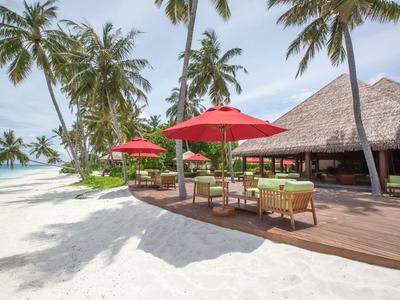 Strandterrasse mit roten Sonnenschirmen, Tischen und Stühlen unter Palmen am Meer.