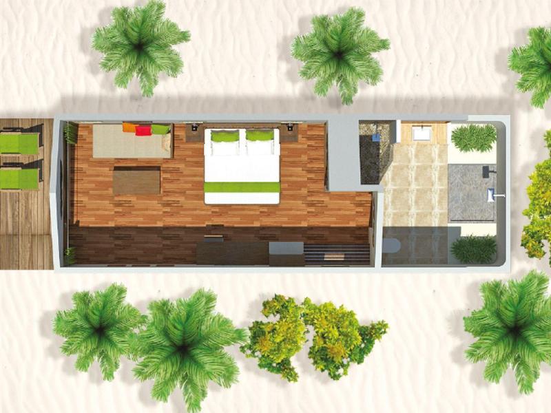 Bovenaanzicht van een tropische strandvilla met slaapkamer, keuken en terras, omgeven door palmbomen.