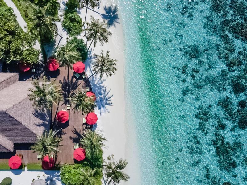 Luchtfoto van een tropisch strand met palmbomen, rode parasols en turquoise water.