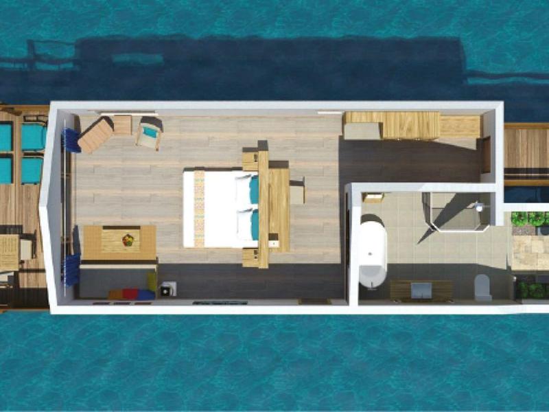 Plattegrond van een woonboot met slaapkamer, badkamer en terras boven water