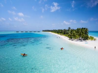 Una spiaggia di sabbia con palme e acqua limpida blu, persone che nuotano e camminano.