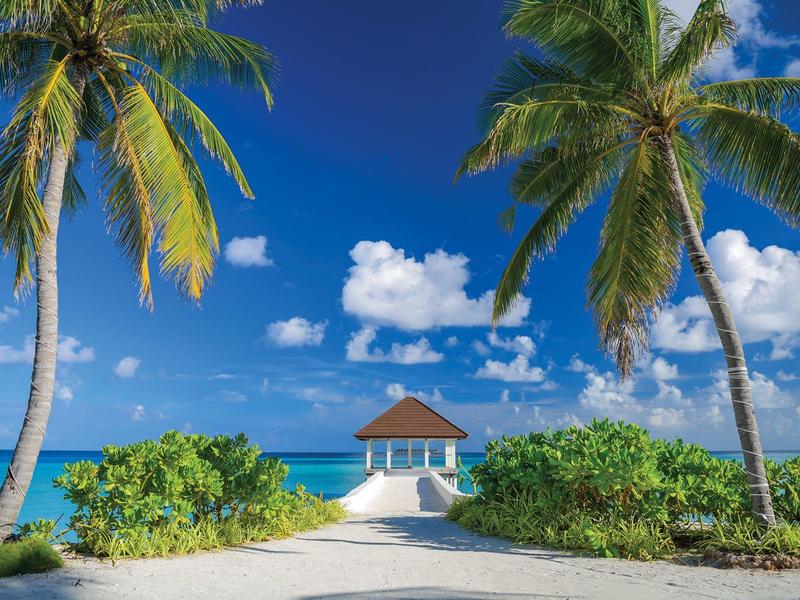 Tropischer Strand mit Palmen, weißem Sand und einem Steg zum kleinen Haus über dem türkisfarbenen Meer.