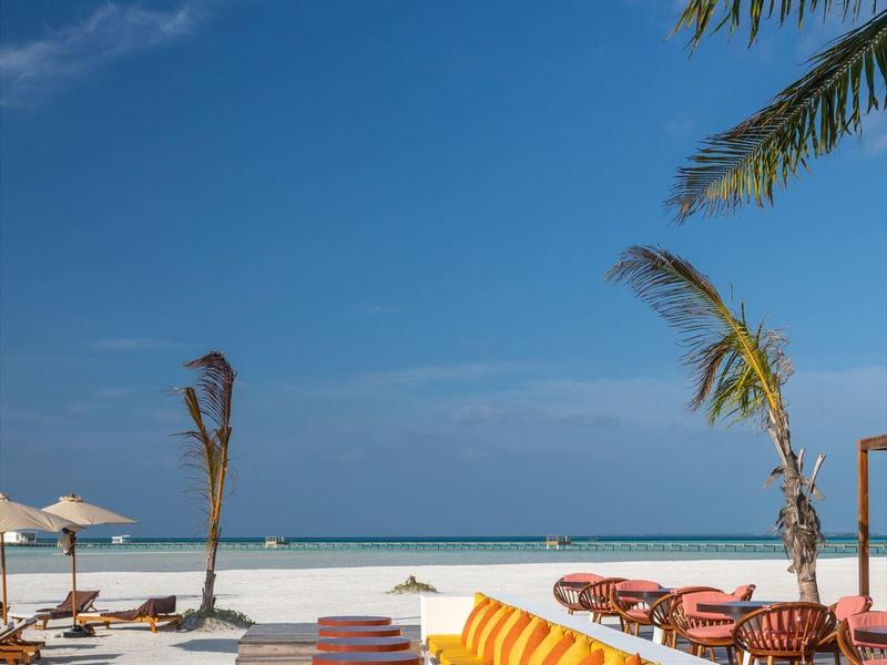 Strand mit blauen Liegen, Sonnenschirmen, Palmen und klarem Himmel am Meer.