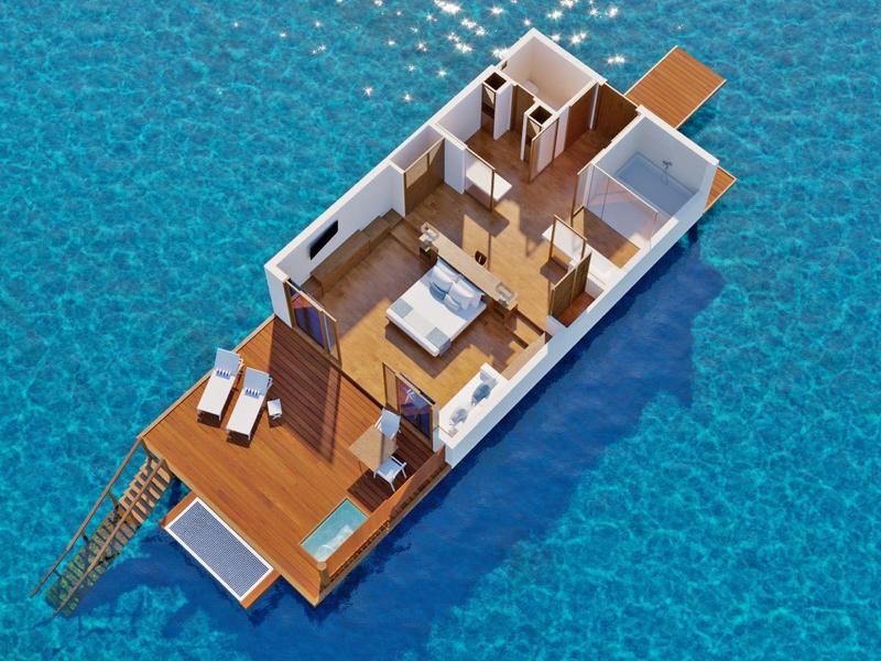 Modell eines modernen Hausboots mit Terrasse und mehreren Zimmern auf klarem blauem Wasser.