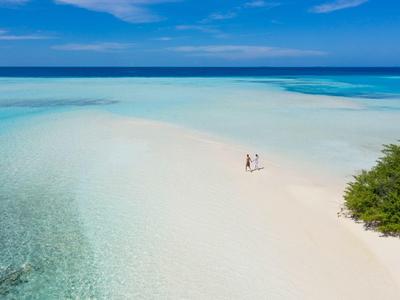Strand mit weißem Sand, türkisfarbenem Wasser und zwei Personen neben grünem Busch im klaren Himmel.