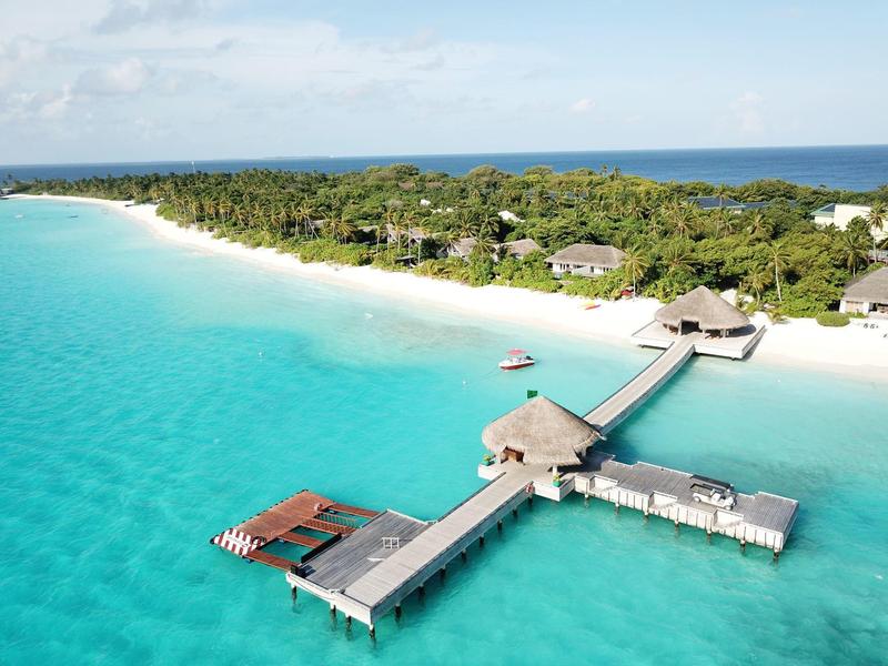 Türkisblaues Meer mit weißem Sandstrand, hölzerne Stege und grüne Palmen auf einer tropischen Insel.