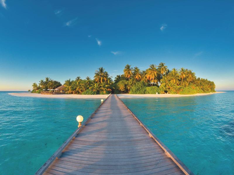 Langer Holzsteg führt zu tropischer Insel mit Palmen, umgeben von klarem blauem Meer und blauem Himmel.