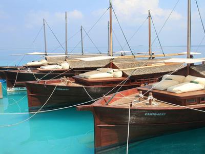 Mehrere braune Segelboote mit weißen Abdeckungen liegen im türkisfarbenen Wasser am Steg.