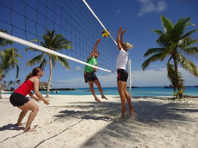 Vier Personen spielen Beachvolleyball auf weißem Sand mit Palmen und blauem Himmel im Hintergrund.