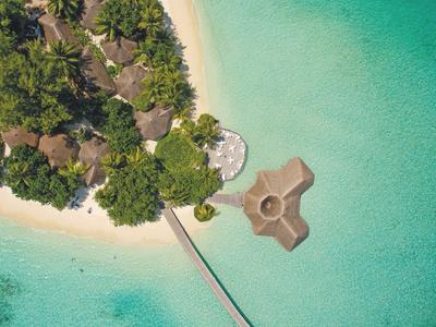 Äste Insel mit Palmen, Bungalows, Sandstrand und Steg, der zu einem hexagonalen Pier führt.