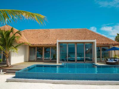 Modern vacation home with infinity pool and palm trees under clear blue sky