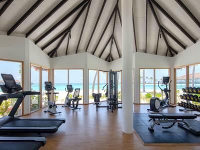 Bright gym with treadmills, dumbbells, and sea view through large windows.