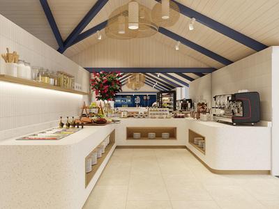 Modern hotel breakfast area with bright colors and open shelving.