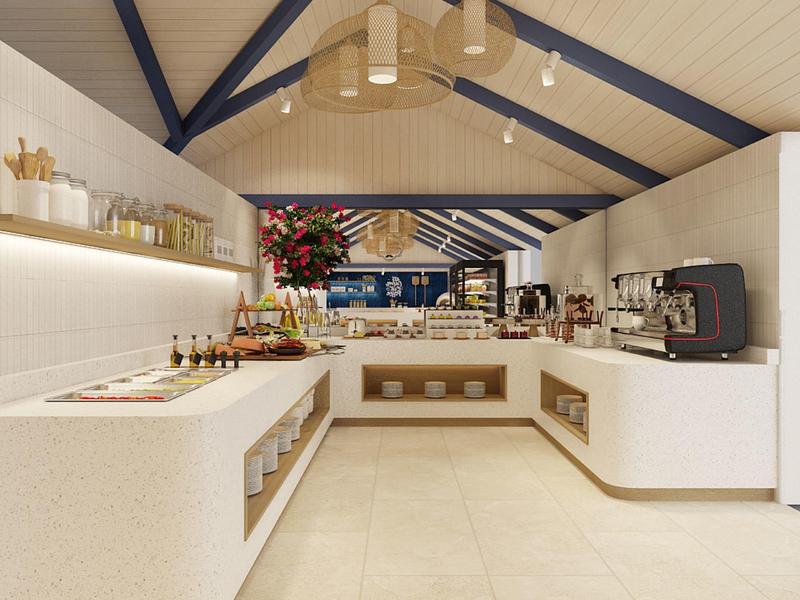 Modern hotel breakfast area with bright colors and open shelving.