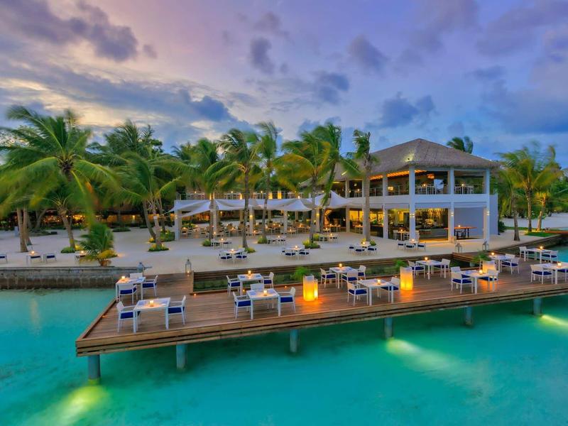 Modern beachside restaurant with wooden pier and palm trees at sunset