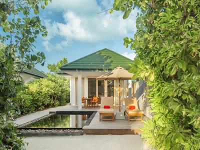 Moderner Bungalow mit Terrasse und Pool, umgeben von grünen Bäumen.