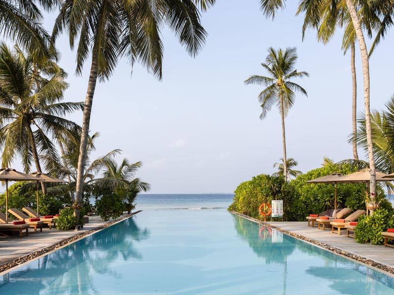 Infinity-Pool mit Palmen und Blick auf das Meer bei klarem Himmel.