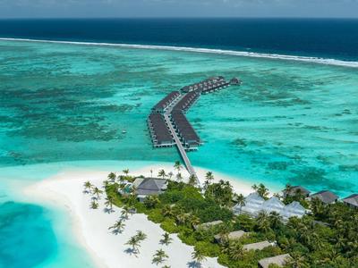 Isola tropicale con spiaggia di sabbia bianca, palme e un molo nell'oceano turchese.