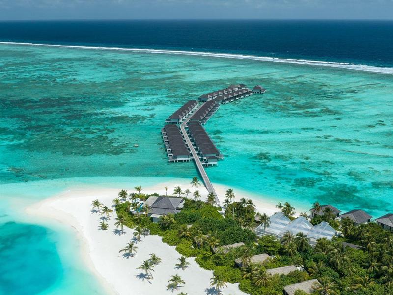Isola tropicale con spiaggia di sabbia bianca, palme e un molo nell'oceano turchese.