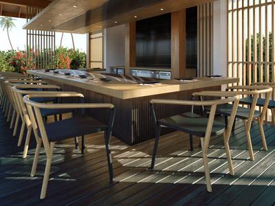 Espace repas moderne en plein air avec table et chaises en bois sur terrasse en bois sous toit.