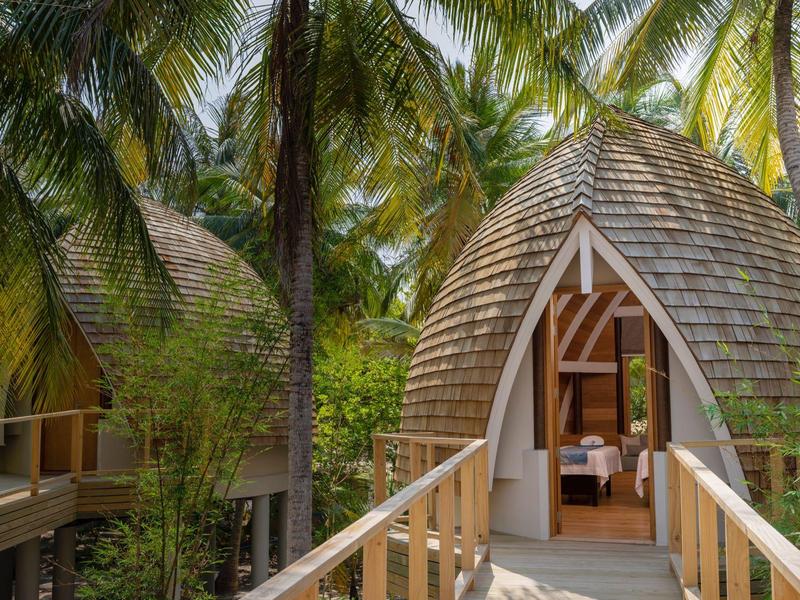 Vue d'une cabane en bois ronde avec une passerelle, entourée de palmiers.