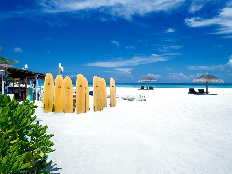 Sunny beach with yellow surfboards, white sand, and umbrellas against a blue sky.