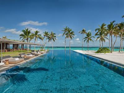 Large pool with palm trees and ocean view at a tropical resort
