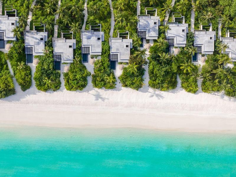 Widok z lotu ptaka na bungalowy przy plaży z turkusowym morzem i zielonym lasem palmowym