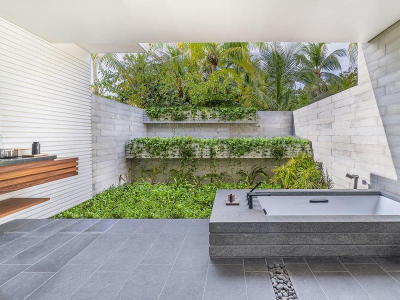Nowoczesna przestrzeń na zewnątrz z tarasem, wanną i zieloną ścianą roślin