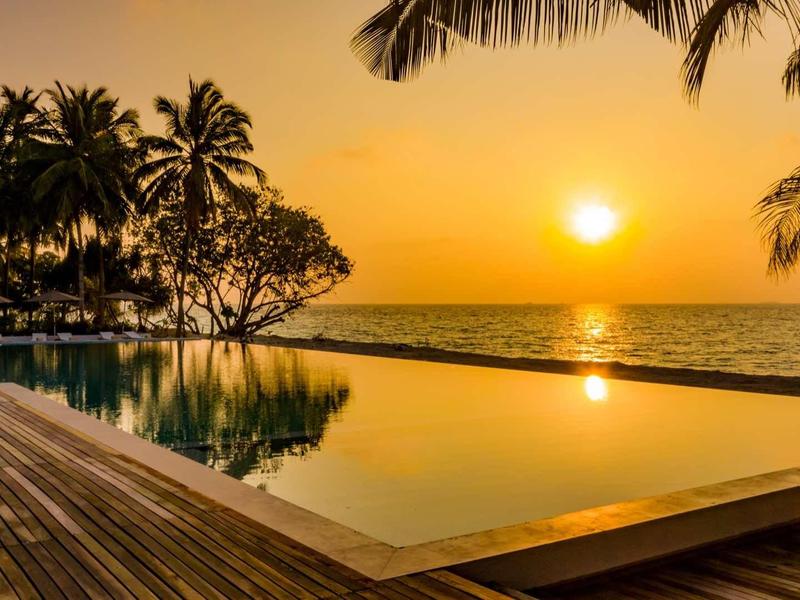 Infinity pool with wooden deck and palm trees at sunset by the sea.