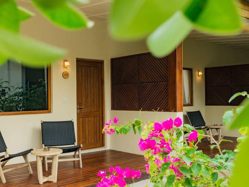 Cozy patio with wooden chairs and flower pots outside the hotel room.