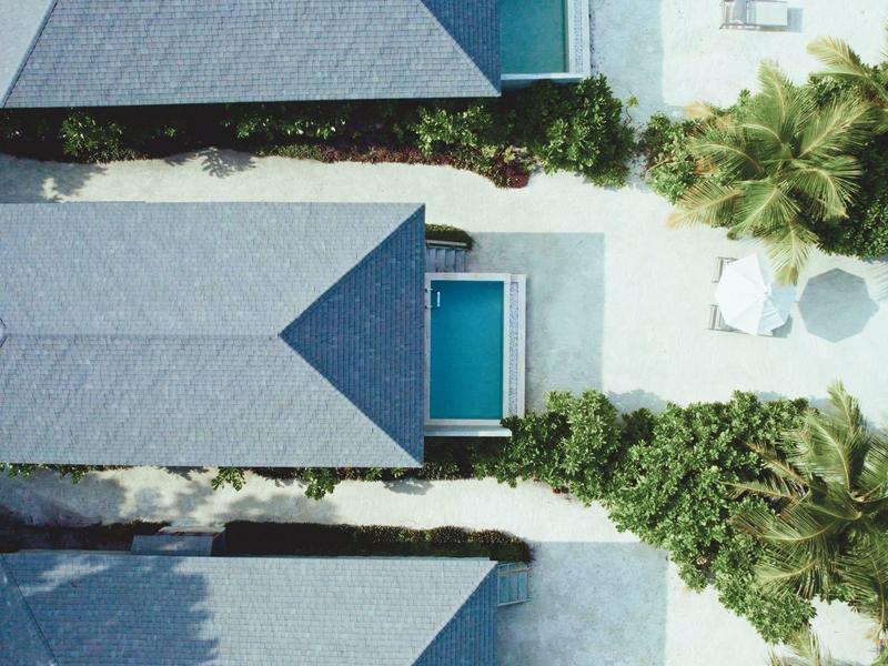 Trois maisons modernes aux toits bleus avec piscines, entourées de palmiers et de chemins blancs.