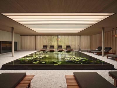 Modern indoor pool with water plants and lounge chairs in a stylish room.