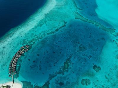 Aerial view of overwater bungalows in turquoise water with coral reefs.