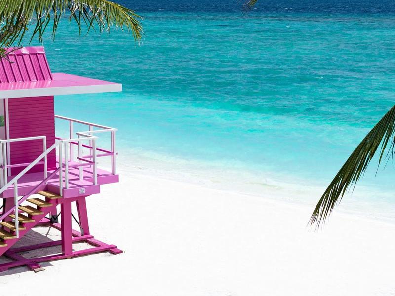 Růžová plážová hláska na bílé písečné pláži s modrým mořem a palmovými listy.