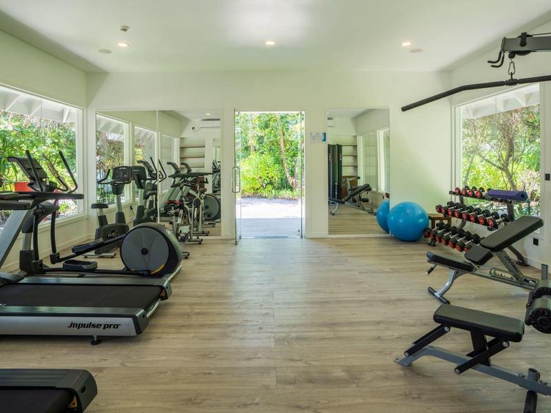 Světle vybavená posilovna s běžeckými pásy, činkami a tréninkovým zařízením u velkých oken.