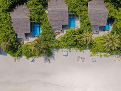 Trois villas de plage avec piscines et transats entourées de verdure luxuriante et de sable blanc.