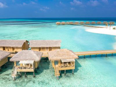 Bungalows sur l'eau avec toits en chaume au-dessus d'une eau turquoise claire dans un paradis tropical.