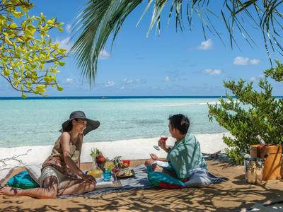 Due persone che godono di un picnic sulla spiaggia sotto le palme con vista sul mare.