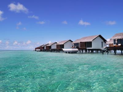 Bungalow su palafitte sopra acqua turchese limpida sotto un cielo blu.