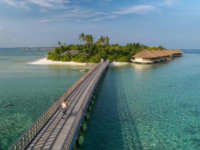 Langer Steg führt zu tropischer Insel mit Palmen und Bungalows, umgeben von klarem, blauem Meer.