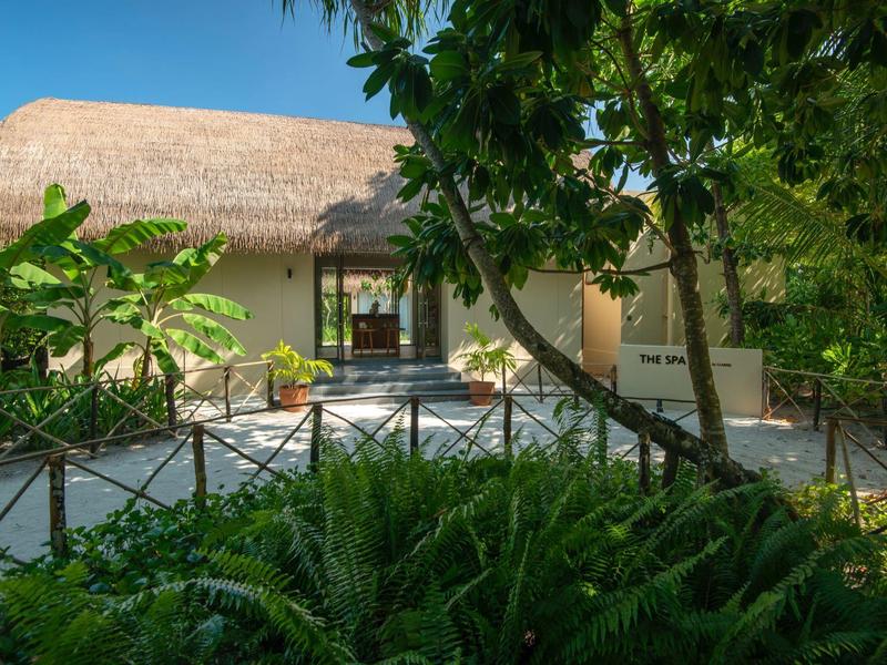 Gartenhaus mit Strohdach, großer Terrasse, Holzzaun und üppigem grünem Pflanzenbewuchs.