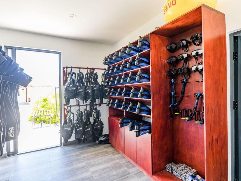 Innenraum mit Regalen voller Tauchausrüstung, Tauchflaschen und Masken, helle Tagesbeleuchtung.