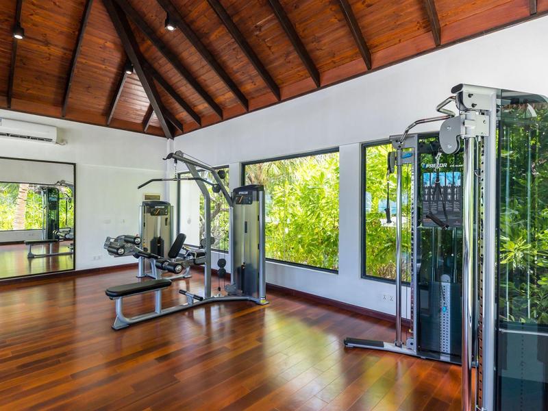 Helles Fitnessstudio mit Holzboden, großen Fenstern und modernen Trainingsgeräten.