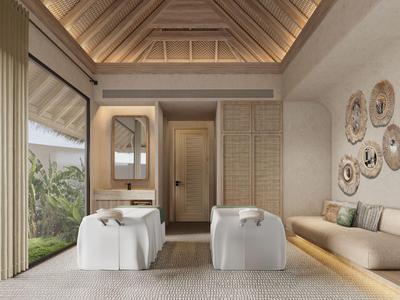 Elegant hotel room with large windows, two armchairs, and decorative wall art.