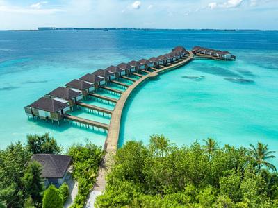 Bungalows sobre el agua en mar turquesa con muelle, rodeados de vegetación verde.
