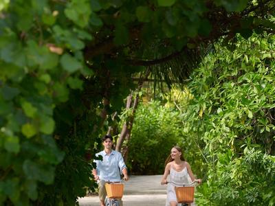Two people biking on a path surrounded by lush green foliage.