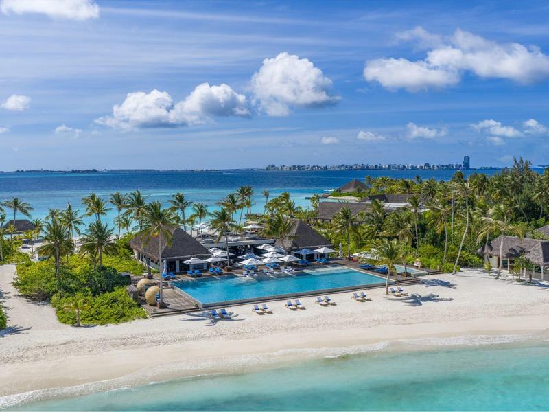 Station balnéaire de luxe avec piscine, chaises longues et palmiers au bord de la mer turquoise.