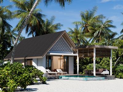 Bungalows am Strand mit Palmen und einem Swimmingpool, ideal für einen entspannten Urlaub.