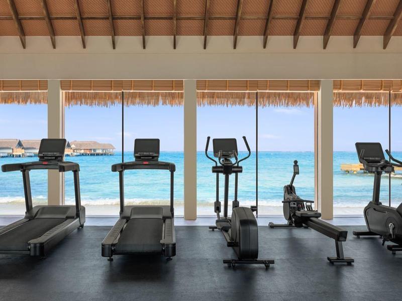 Palestra moderna con tapis roulant e attrezzi da ginnastica di fronte a grandi finestre con vista.